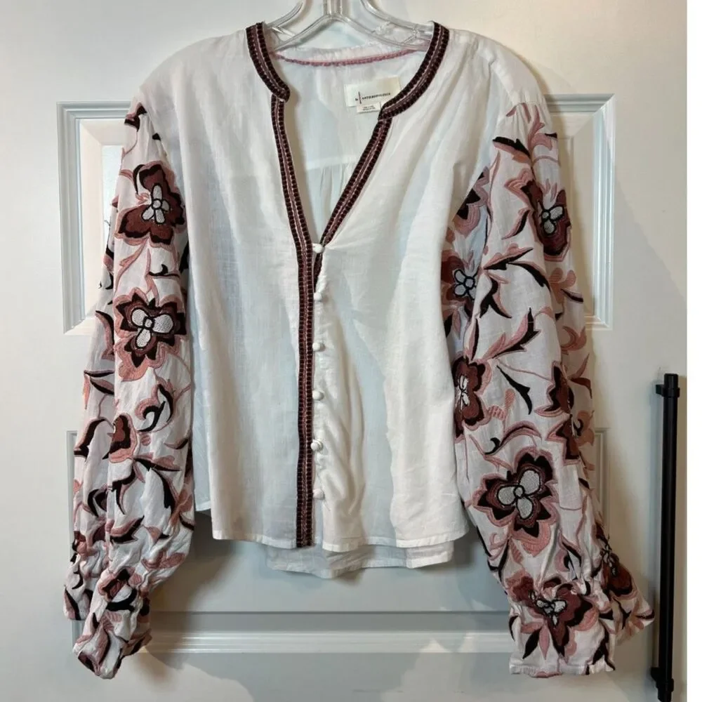 Anthropologie LP Embroidered Floral Balloon Sleeve Boho Blouse White Pink